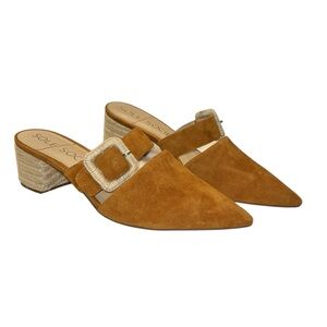 Sole Society Tan Suede Pointed Mule with Textured Buckle